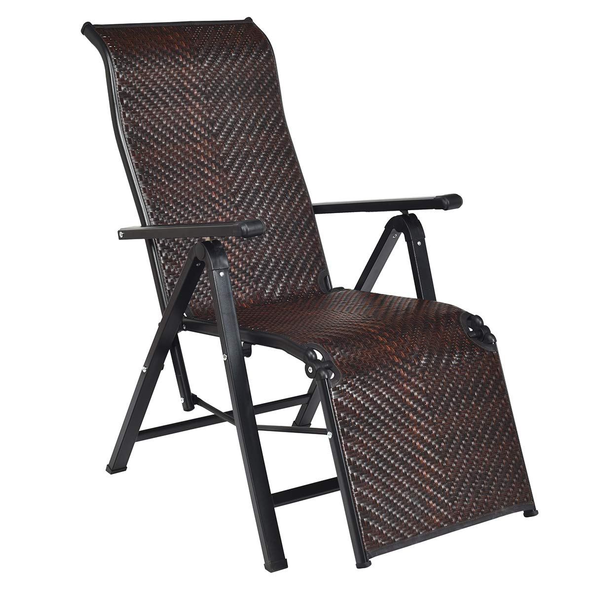 Tangkula Folding Reclining Rattan Chair, Portable Chaise Lounge Chair w/Adjustable Positions